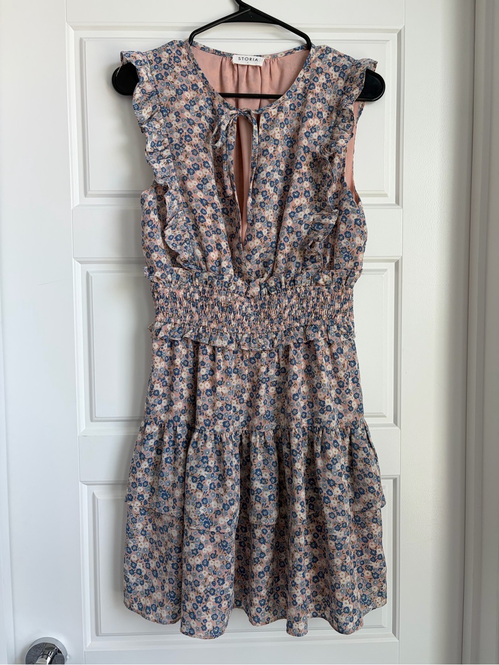 Storia Pink and Blue Floral Ruffle Dress